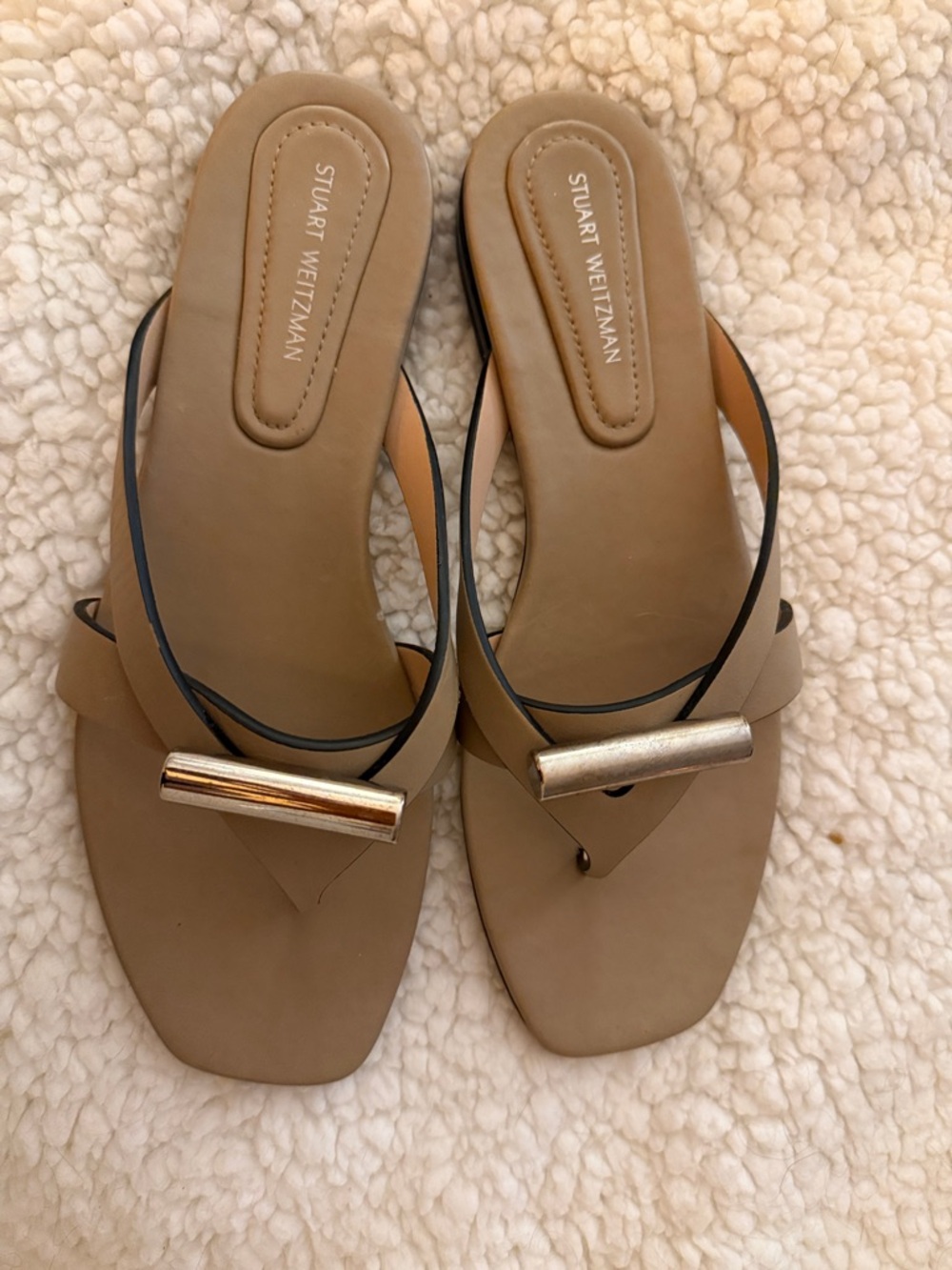 Stuart Weitzman Taupe Leather Toe-Bar Slide Sandals